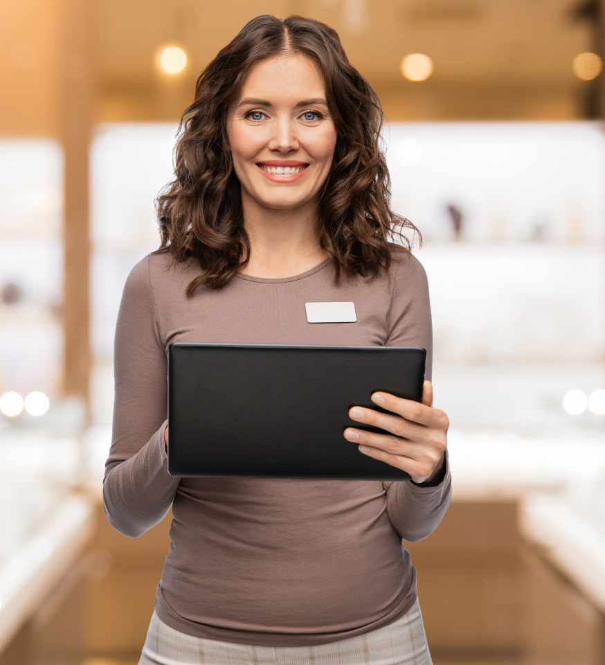 a store assistant smiling, whilst stood in a jewellery store, holding a tablet